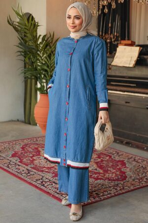 Düğmeli Koyu Mavi Tesettür Kot İkili Takım 19016KM - 2
