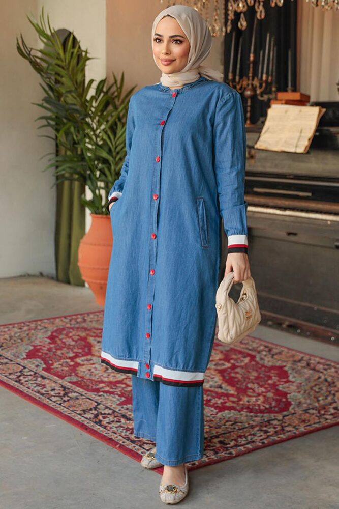 Düğmeli Koyu Mavi Tesettür Kot İkili Takım 19016KM - 2