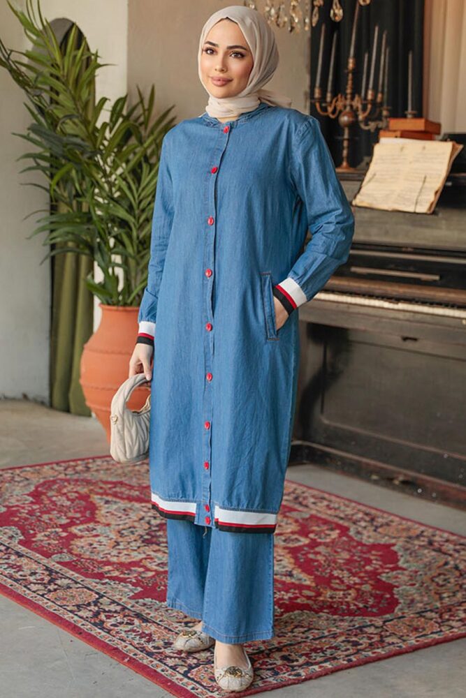 Düğmeli Koyu Mavi Tesettür Kot İkili Takım 19016KM - 3