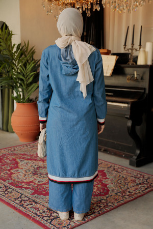 Düğmeli Koyu Mavi Tesettür Kot İkili Takım 19016KM - 4