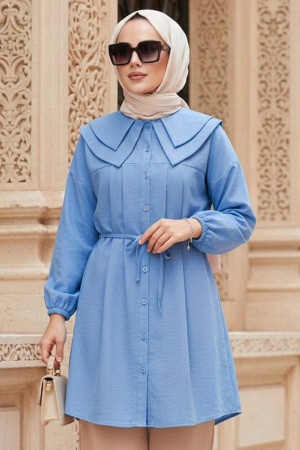 Poplin Koyu Mavi Tesettür Tunik 20228KM - 1