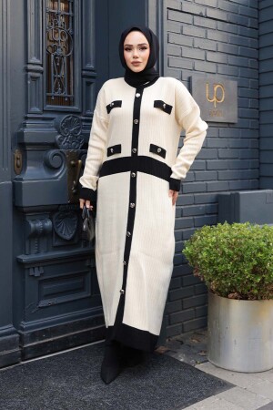 Düğmeli Krem Triko Tesettür Elbise 17209KR - 3