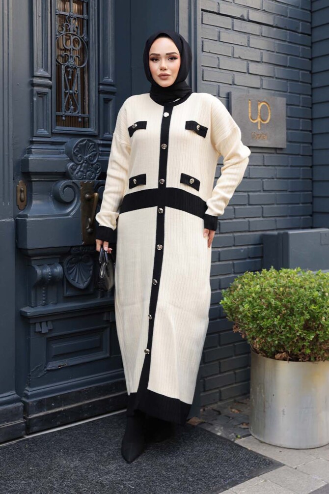 Düğmeli Krem Triko Tesettür Elbise 17209KR - 3