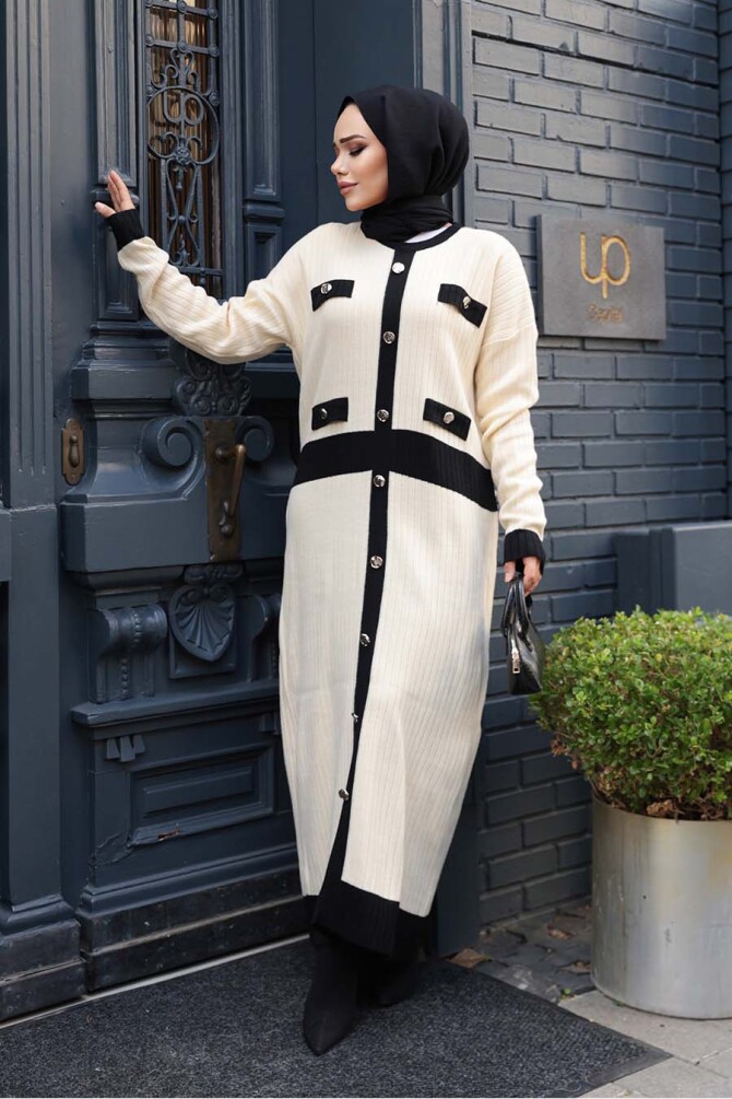 Düğmeli Krem Triko Tesettür Elbise 17209KR - 2