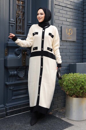 Düğmeli Krem Triko Tesettür Elbise 17209KR - 1