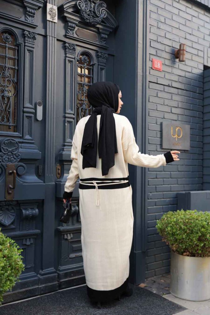 Düğmeli Krem Triko Tesettür Elbise 17209KR - 4