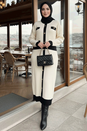 Düğmeli Krem Triko Tesettür Elbise 17209KR - N.S NEVA STYLE