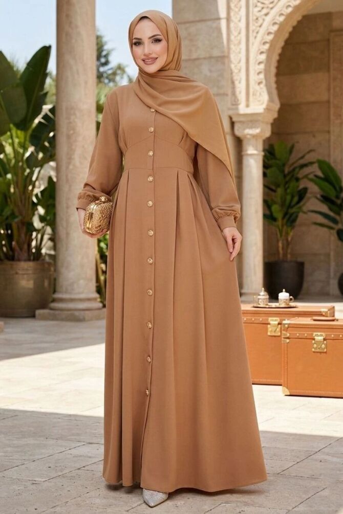 Düğmeli Krep Bisküvi Tesettür Abaya Elbise 10191BS - 1