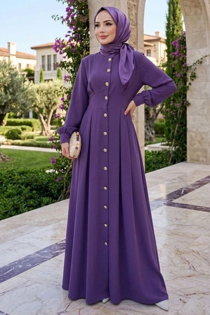 Düğmeli Krep Koyu Lila Tesettür Abaya Elbise 10191KLILA - 1