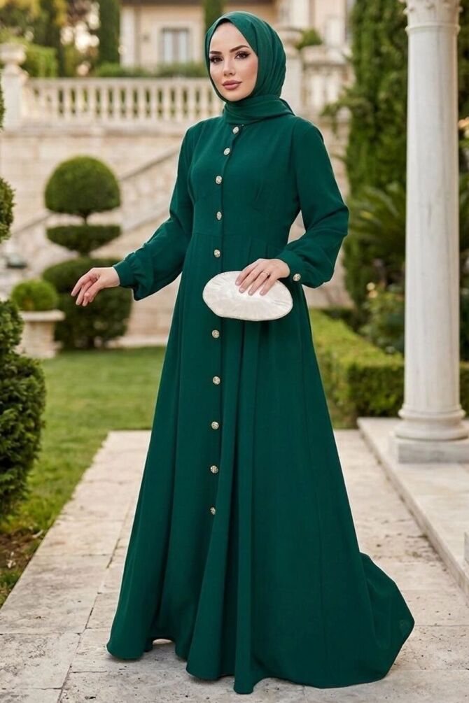 Düğmeli Krep Yeşil Tesettür Abaya Elbise 10191Y - 1