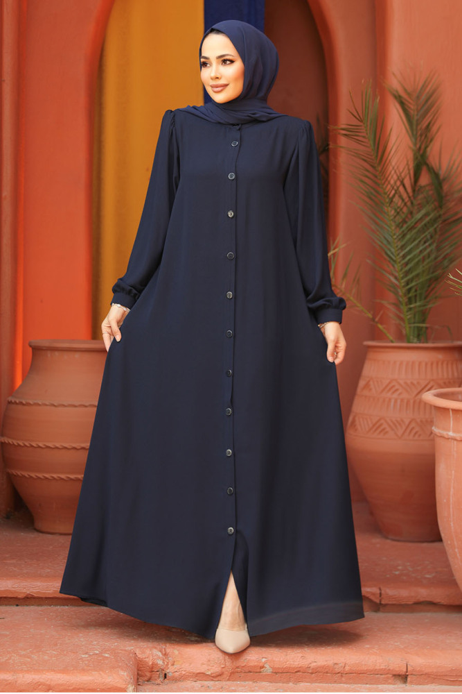 Düğmeli Lacivert Tesettür Abaya 45283L - 3