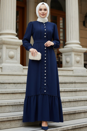 Düğmeli Lacivert Tesettür Elbise 10154L 
