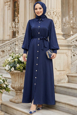 Düğmeli Lacivert Tesettür Elbise 10642L - 3