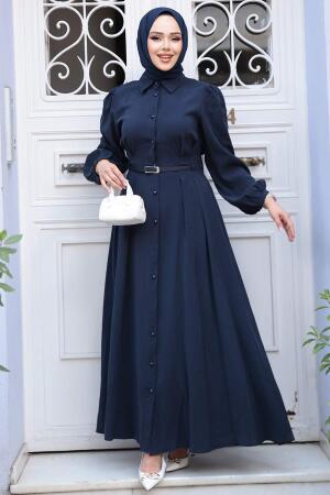 Düğmeli Lacivert Tesettür Elbise 19044L - 1