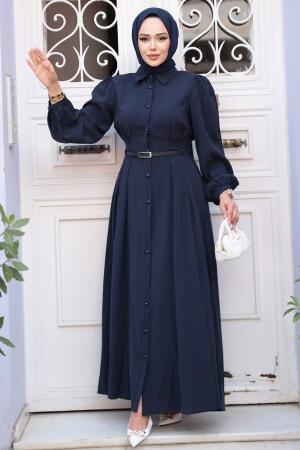 Düğmeli Lacivert Tesettür Elbise 19044L - 3