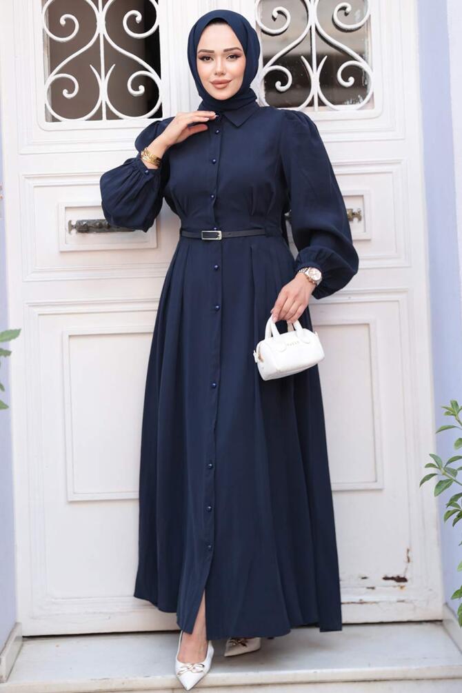 Düğmeli Lacivert Tesettür Elbise 19044L - 2