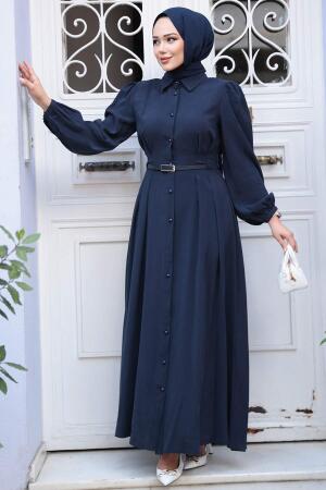 Düğmeli Lacivert Tesettür Elbise 19044L - 4