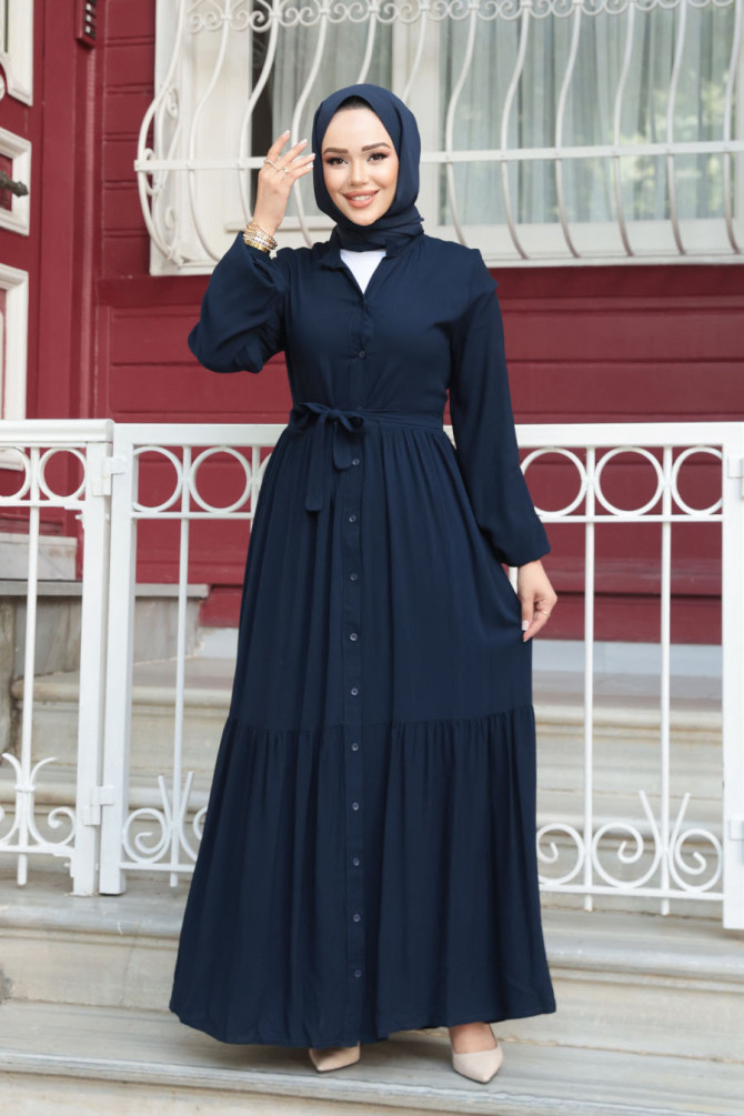 Düğmeli Lacivert Tesettür Elbise 239202L - 4