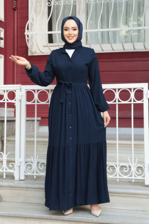 Düğmeli Lacivert Tesettür Elbise 239202L - 5