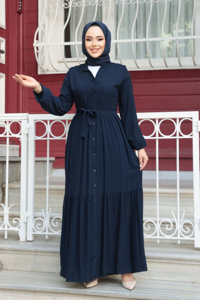 Düğmeli Lacivert Tesettür Elbise 239202L - 5