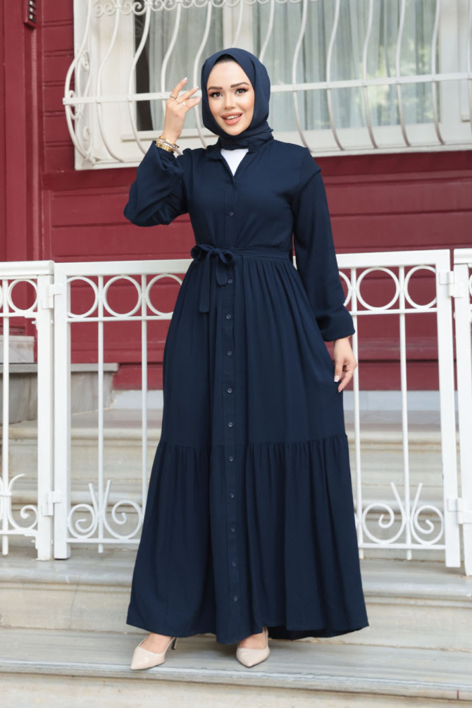 Düğmeli Lacivert Tesettür Elbise 239202L - 1