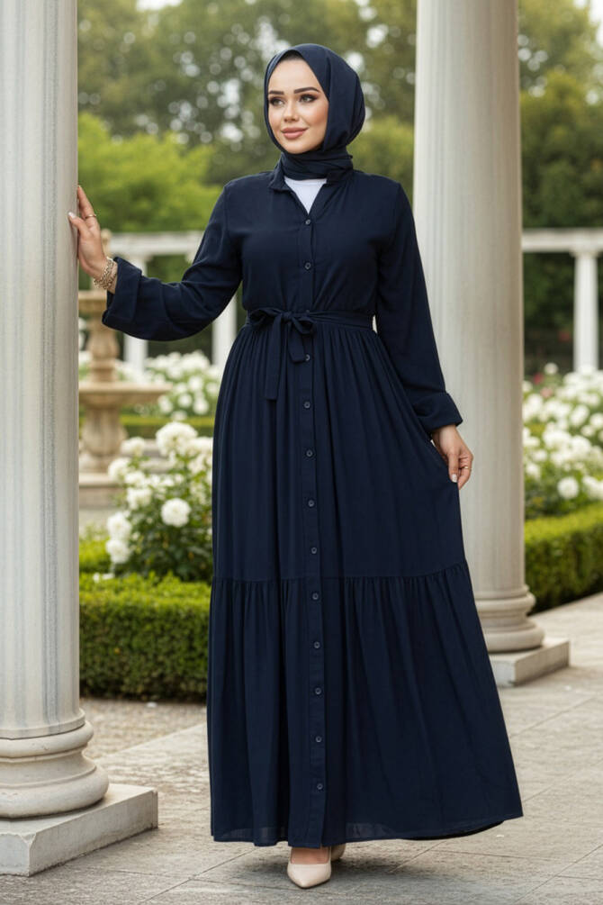 Düğmeli Lacivert Tesettür Elbise 239202L - 1