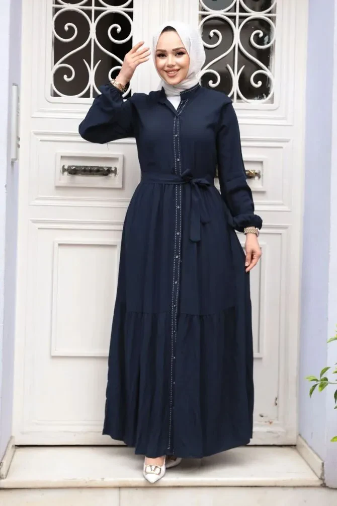 Düğmeli Lacivert Tesettür Elbise 23929L - 1