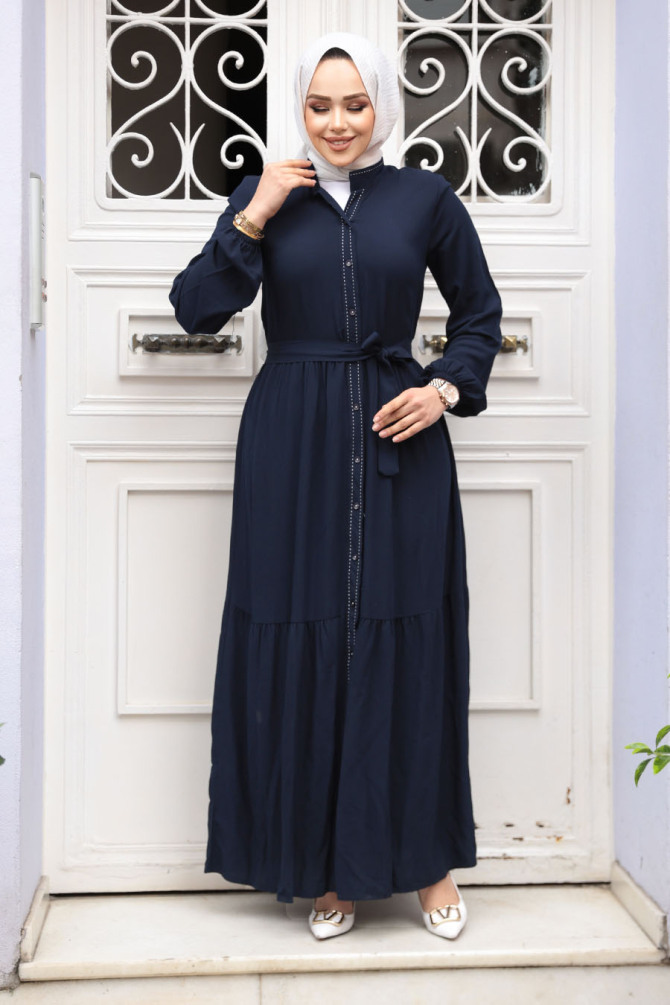 Düğmeli Lacivert Tesettür Elbise 23929L - 2