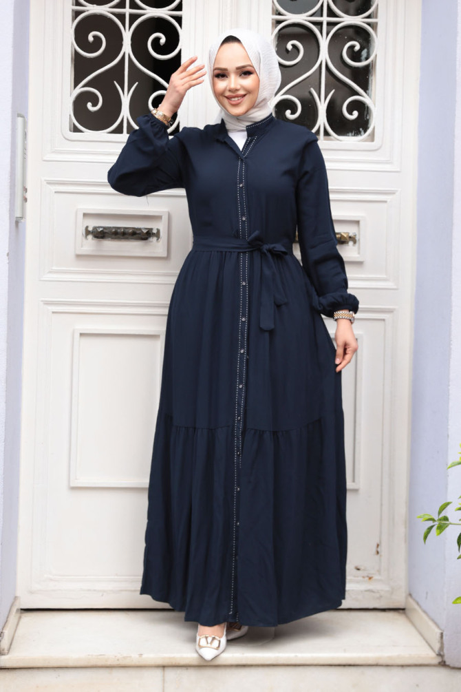 Düğmeli Lacivert Tesettür Elbise 23929L - 1
