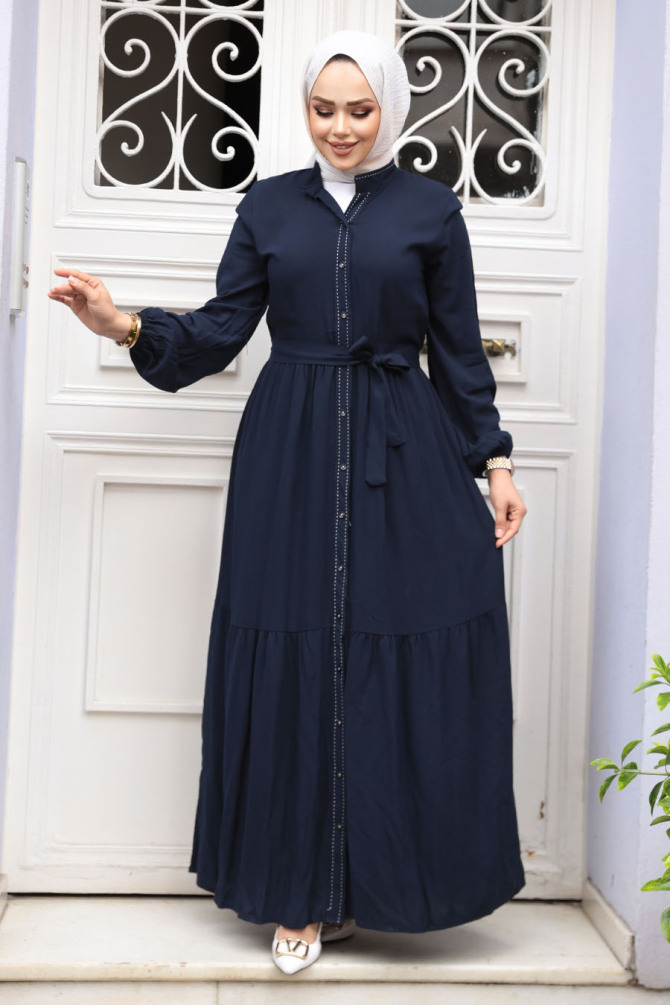 Düğmeli Lacivert Tesettür Elbise 23929L - 3