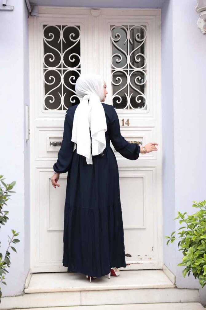 Düğmeli Lacivert Tesettür Elbise 23929L - 4