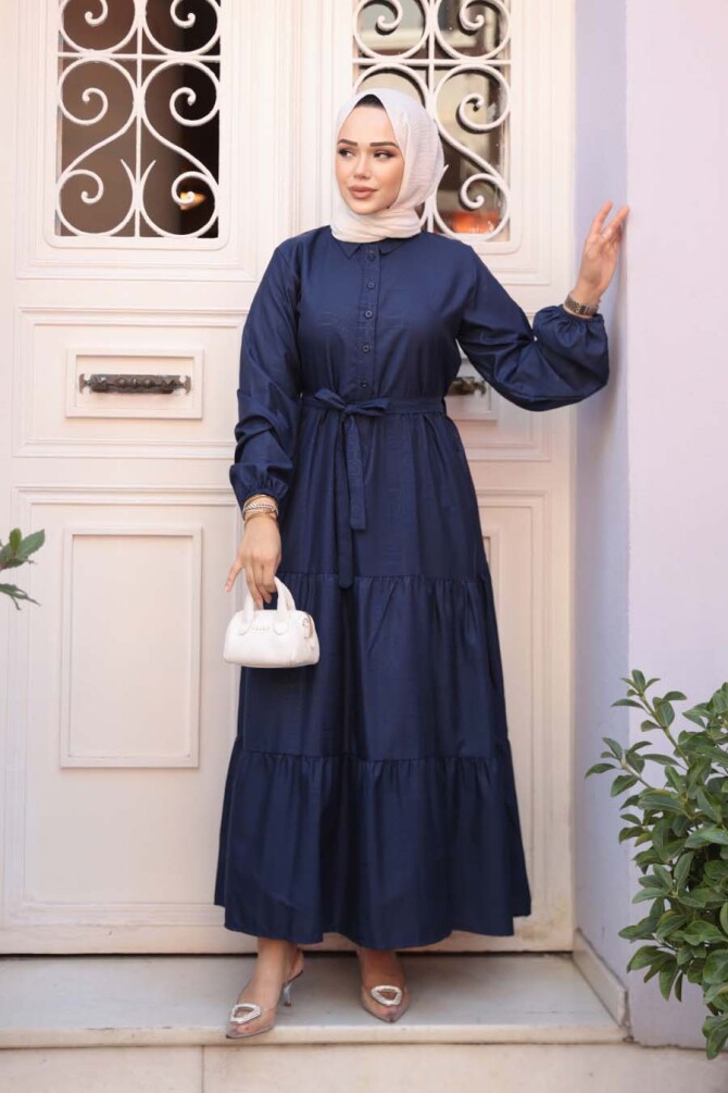 Düğmeli Lacivert Tesettür Elbise 30391L - 2