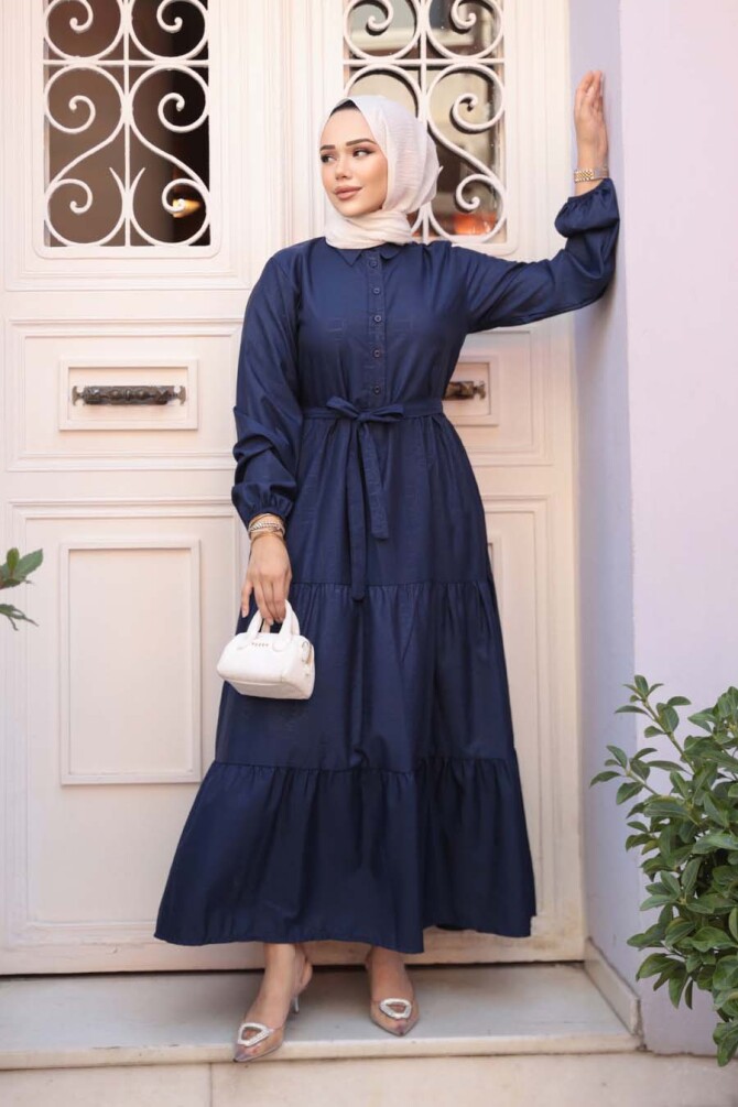 Düğmeli Lacivert Tesettür Elbise 30391L - 3