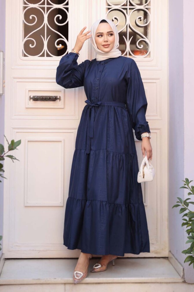 Düğmeli Lacivert Tesettür Elbise 30391L - 1