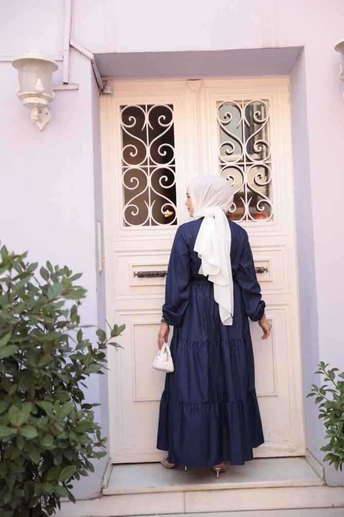 Düğmeli Lacivert Tesettür Elbise 30391L - 4