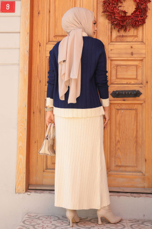 Düğmeli Lacivert Tesettür Etekli Triko İkili Takım 24196L - 3