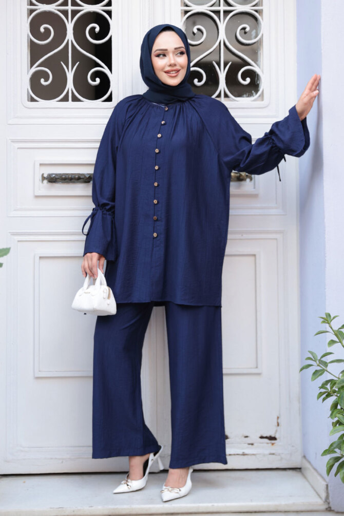 Düğmeli Lacivert Tesettür İkili Takım 30451L - 2