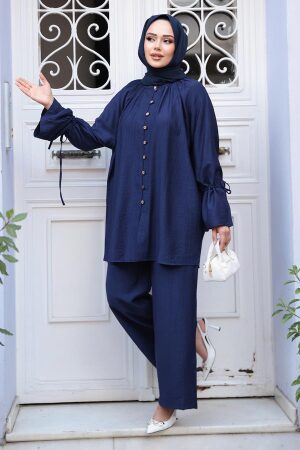 Düğmeli Lacivert Tesettür İkili Takım 30451L - 4