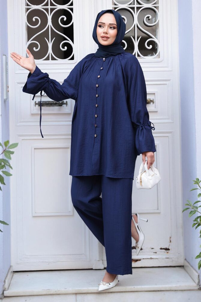 Düğmeli Lacivert Tesettür İkili Takım 30451L - 4