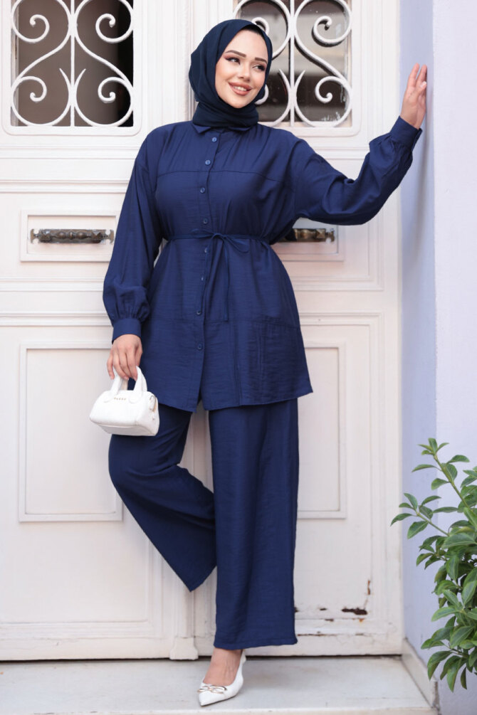 Düğmeli Lacivert Tesettür İkili Takım 60341L - 2