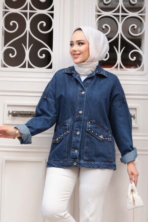 Düğmeli Lacivert Tesettür Kot Ceket 20387L - 2