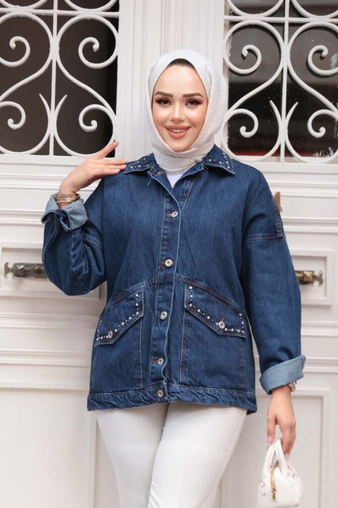 Düğmeli Lacivert Tesettür Kot Ceket 20387L - NEVA STYLE