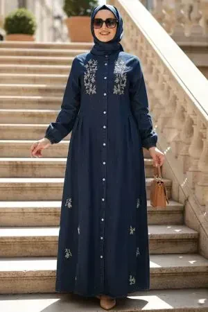 Düğmeli Lacivert Tesettür Kot Elbise 19178L - 1