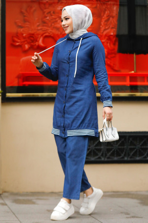 Düğmeli Lacivert Tesettür Kot İkili Takım 19111L - 1