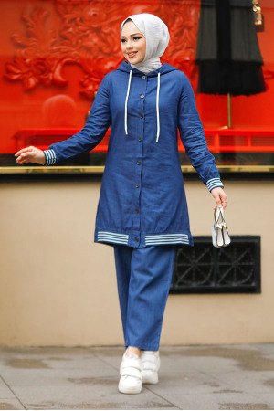 Düğmeli Lacivert Tesettür Kot İkili Takım 19111L - 2