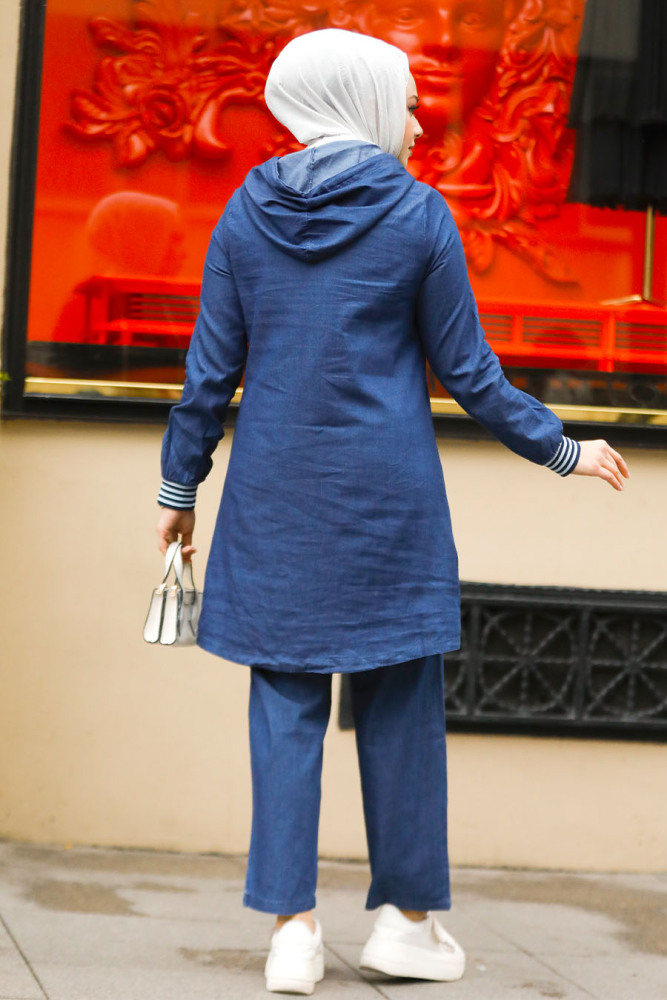 Düğmeli Lacivert Tesettür Kot İkili Takım 19111L - 3