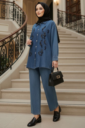Düğmeli Lacivert Tesettür Kot İkili Takım 19159L - N.S NEVA STYLE