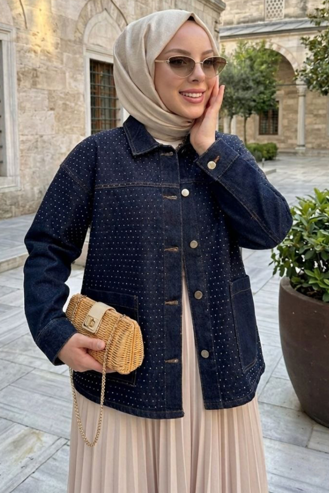 Düğmeli Lacivert Tesettür Kot Tunik 10014L - 1