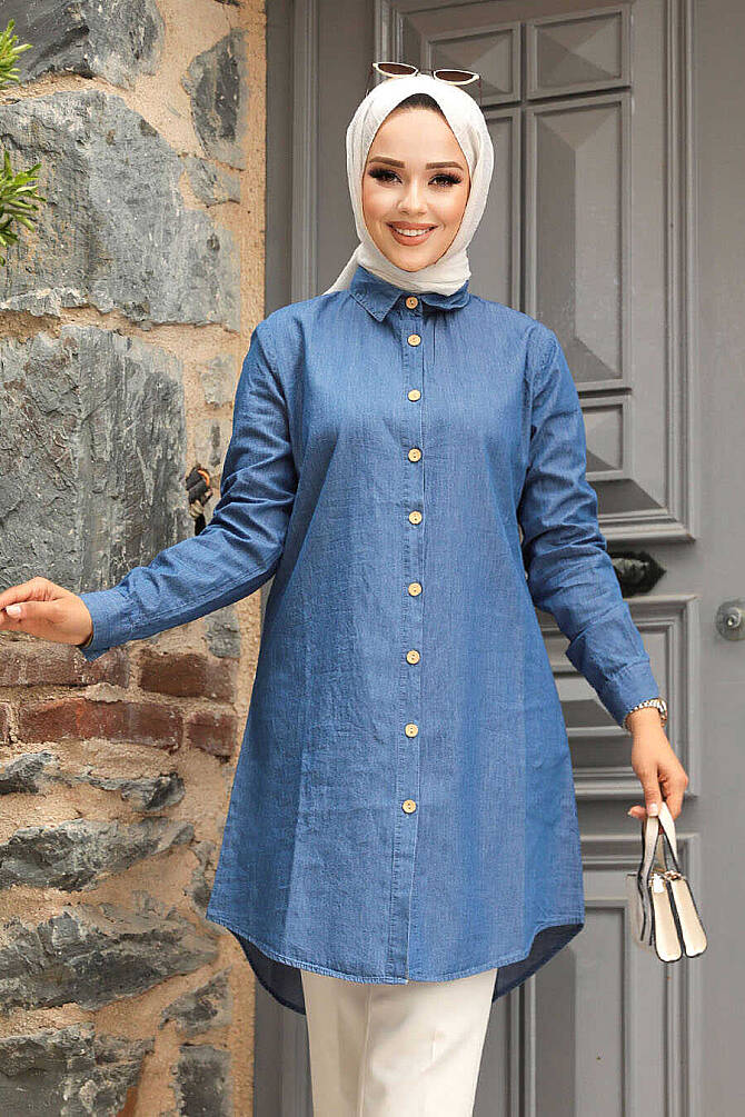 Düğmeli Lacivert Tesettür Kot Tunik 11692L - NEVA STYLE