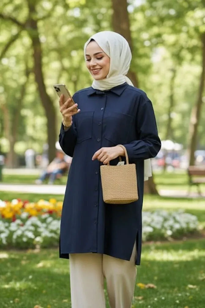 Düğmeli Lacivert Tesettür Puane Gömlek 10564L - NEVA STYLE